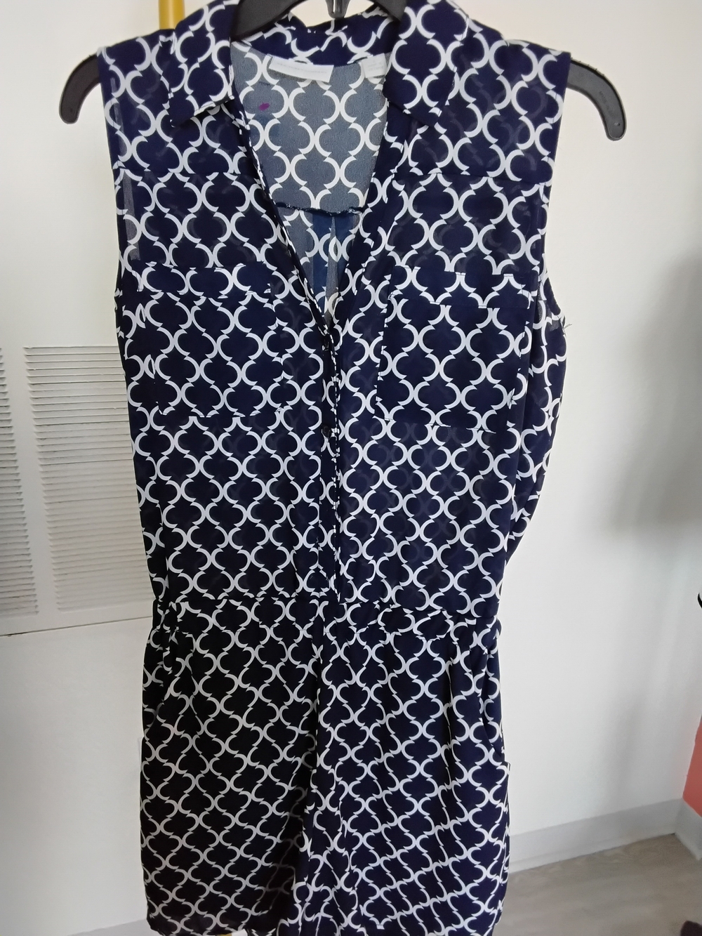 New York & Company Navy and White Patterned Sleeveless Romper